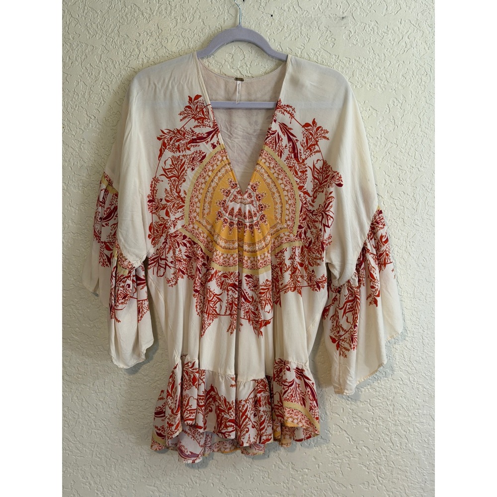 Free People Tunic Top Sunset Dreams S Ivory Orange Boho Bell Sleeve V-Neck - Picture 3 of 11